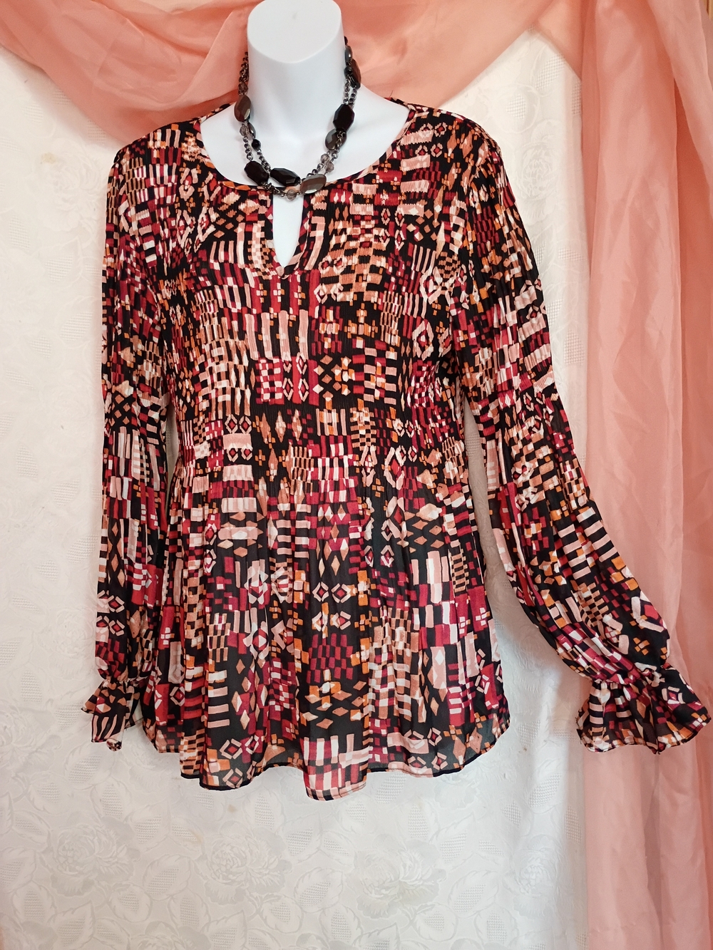 Ninety Ladies Multicolor Geometric Keyhole Blouse - Black, Red, Cream Sz Sm